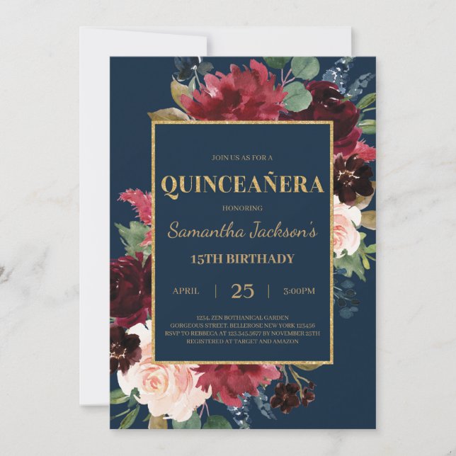 Invitación Quinceanera floral azul turborgoña (Anverso)