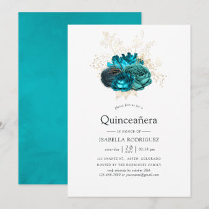 Invitación Quinceañera floral azul turquesa y dorado