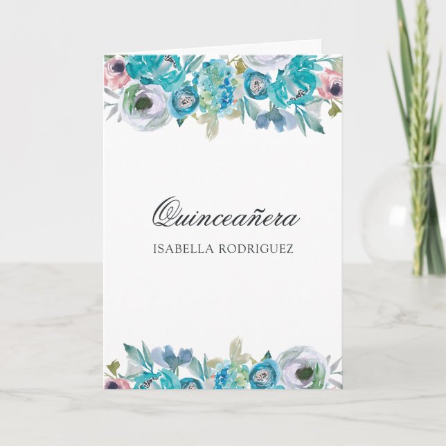 Invitación Quinceañera floral azul turquesa y turquesa (Anverso)