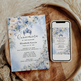 Invitación Quinceañera floral azul y marfil