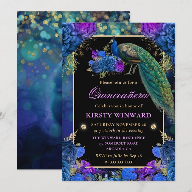 Invitación Quinceanera floral azul y púrpura (Anverso / Reverso)