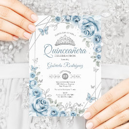 Invitación Quinceanera Floral Bebé Plata Azul