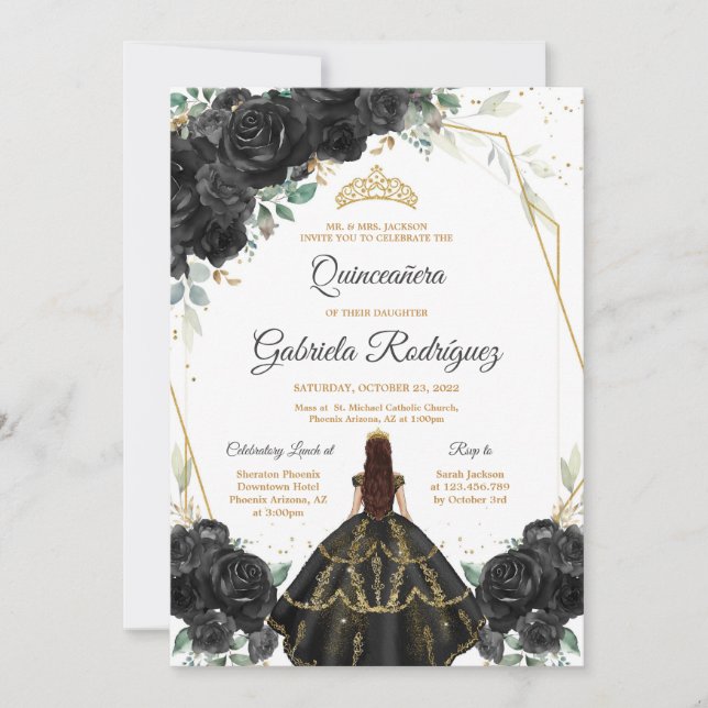 Invitación Quinceanera Floral Black Gold Invitation (Anverso)