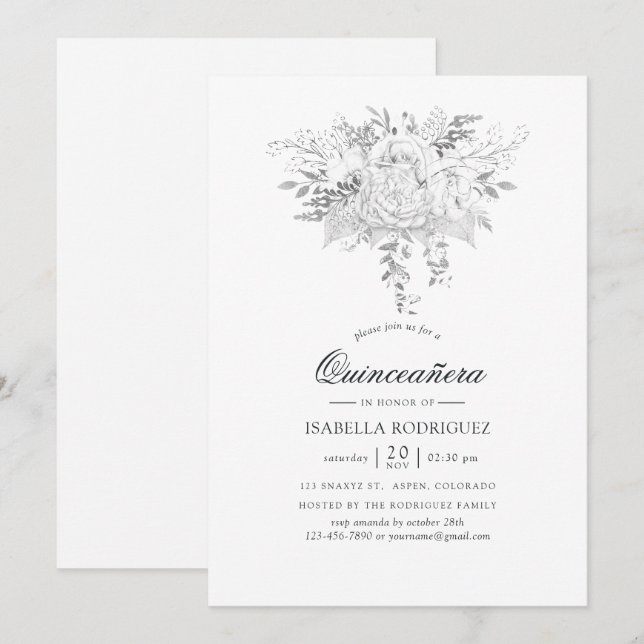 Invitación Quinceañera floral blanca y plateada (Anverso / Reverso)