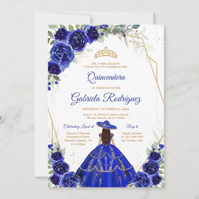 Invitación Quinceanera Floral Blue Gold Invitation (Anverso)