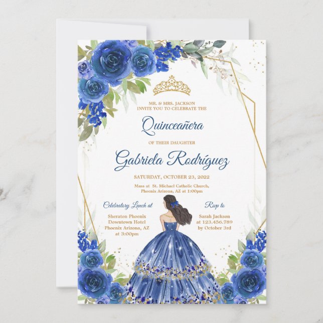 Invitación Quinceanera Floral Blue Gold Invitation (Anverso)
