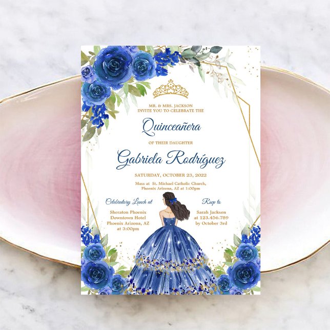 Invitación Quinceanera Floral Blue Gold Invitation (Subido por el creador)