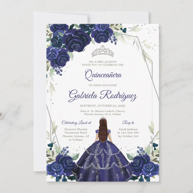 Invitación Quinceanera Floral Blue Silver Invitation (Anverso)