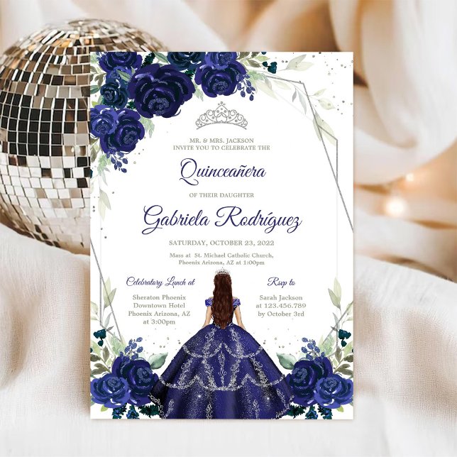 Invitación Quinceanera Floral Blue Silver Invitation (Subido por el creador)