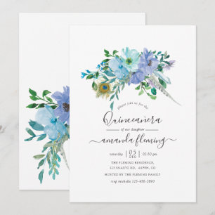 Invitación Quinceañera floral boho acuarela azul y menta