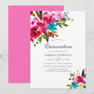 Invitación Quinceañera floral boho chic acuarela rosa