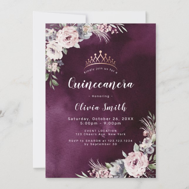 Invitación Quinceañera floral boho púrpura ciruela y rosa pol (Anverso)