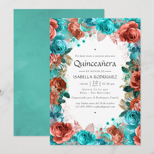 Invitación Quinceañera floral castellana y turquesa (Anverso / Reverso)