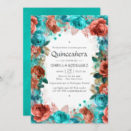 Invitación Quinceañera floral castellana y turquesa