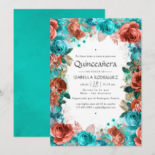 Invitación Quinceañera floral castellana y turquesa