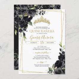 Invitación Quinceañera Floral color de agua elegante negro y 