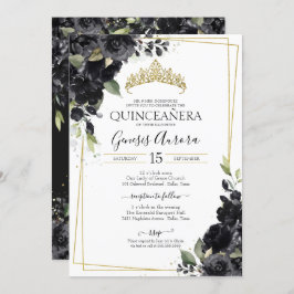 Invitación Quinceañera Floral color de agua elegante negro y 