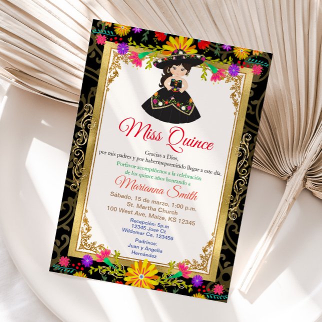 Invitación Quinceañera Floral Colorida de Oro Negr (Subido por el creador)