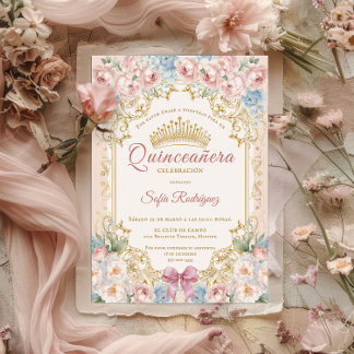 Invitación quinceañera floral con corona elegante