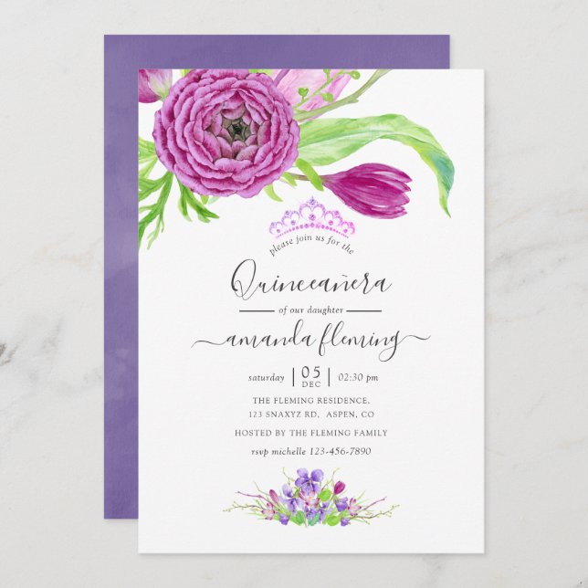 Invitación Quinceañera floral de acuarela (Anverso / Reverso)