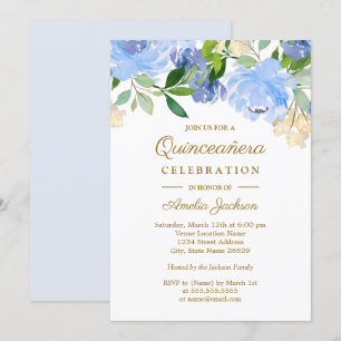 Invitación Quinceañera floral de acuarela azul marino