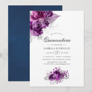Invitación Quinceañera floral de acuarela en ciruela y azul m