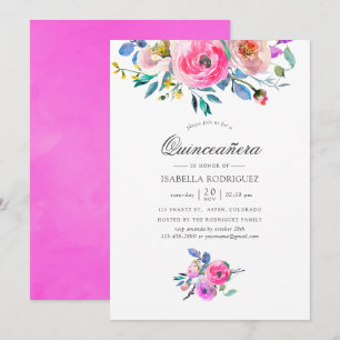 Invitación Quinceañera floral de acuarela rosa caliente