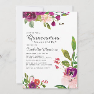 Invitación Quinceañera floral de acuarela rosa púrpura
