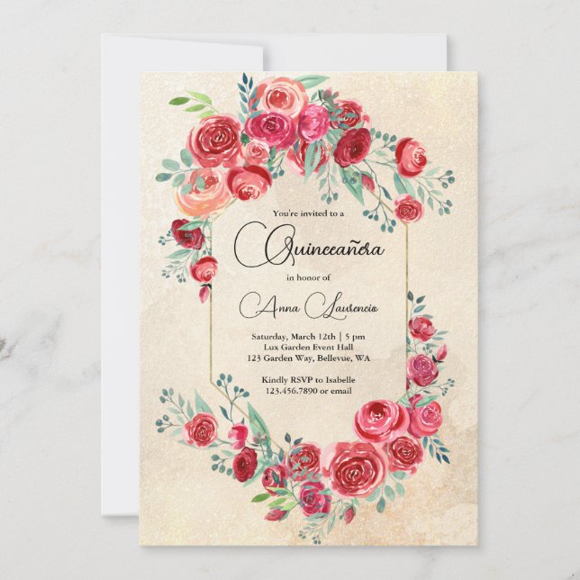 Invitación Quinceanera floral de acuarela rusa (Anverso)