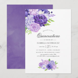 Invitación Quinceañera floral de acuarela violeta ultra