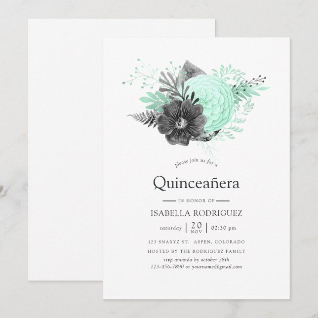 Invitación Quinceañera floral de agua y carbón vegetal (Anverso / Reverso)