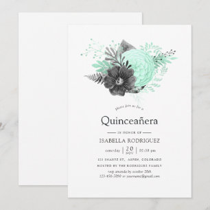 Invitación Quinceañera floral de agua y carbón vegetal