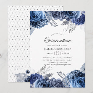 Invitación Quinceañera floral de azul marino y blanco con hoj