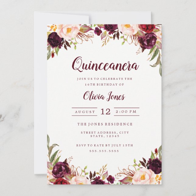 Invitación Quinceanera floral de Borgoña (Anverso)