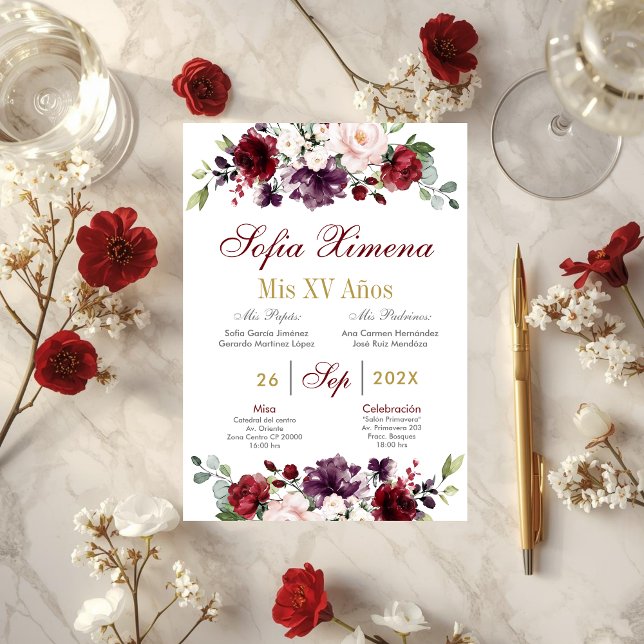 Invitación Quinceanera floral de Borgoña (Subido por el creador)