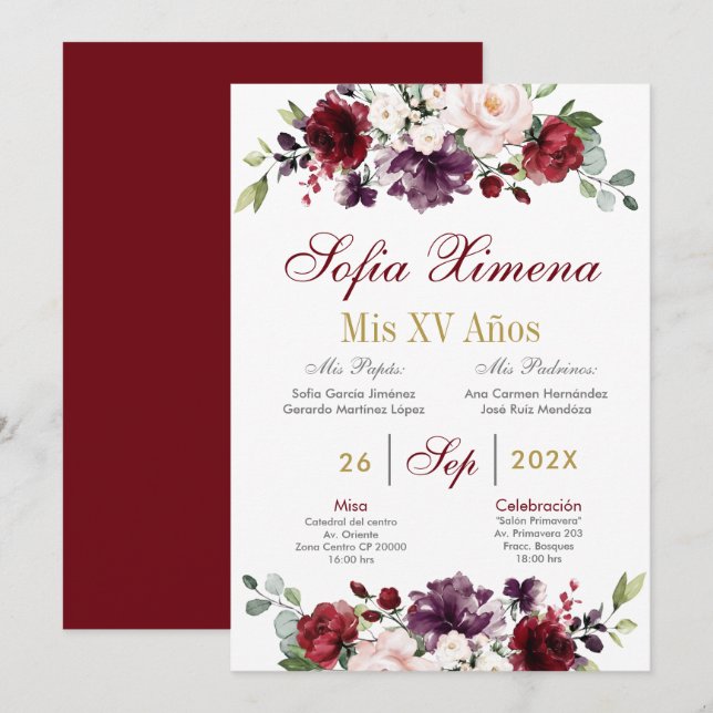 Invitación Quinceanera floral de Borgoña (Anverso / Reverso)