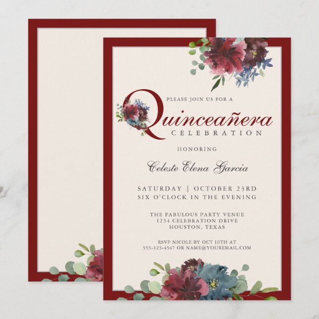 Invitación Quinceanera floral de color burdeos y azul (Anverso / Reverso)