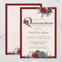 Quinceanera floral de color burdeos y azul