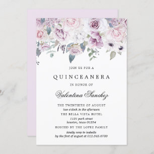 Invitación Quinceanera floral de color morado rosa Rubor