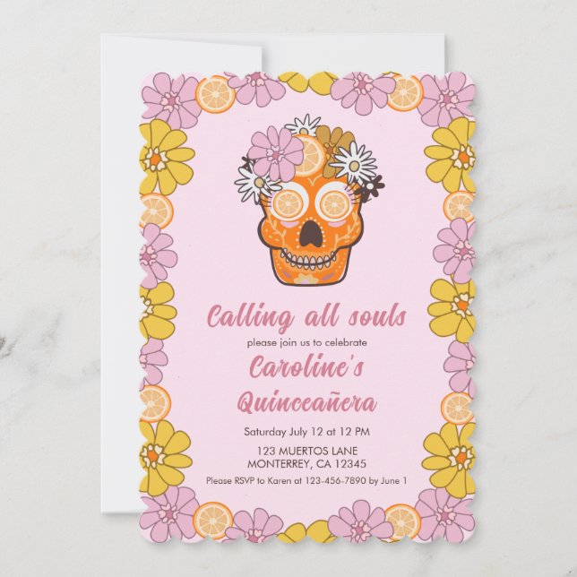 Invitación Quinceanera floral de cráneo de azúcar (Anverso)
