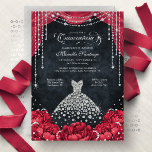 Invitación Quinceañera Floral de Diamantes Rojos y Negros