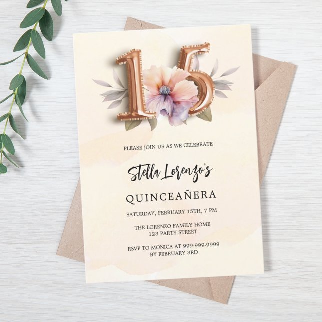 Invitación Quinceanera floral de durazno de oro Rosa (Subido por el creador)