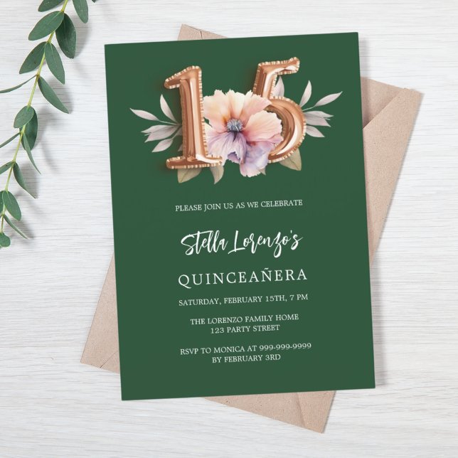 Invitación Quinceanera floral de durazno verde esmeralda (Subido por el creador)
