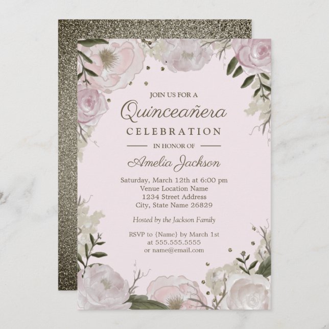 Invitación Quinceanera floral de espuma de oro rosa (Anverso / Reverso)