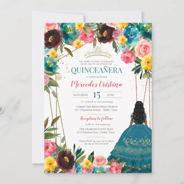 Invitación Quinceanera Floral De Fiesta Amarilla Turquesa En (Anverso)