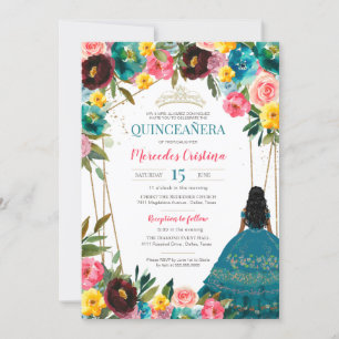 Invitación Quinceanera Floral De Fiesta Amarilla Turquesa En