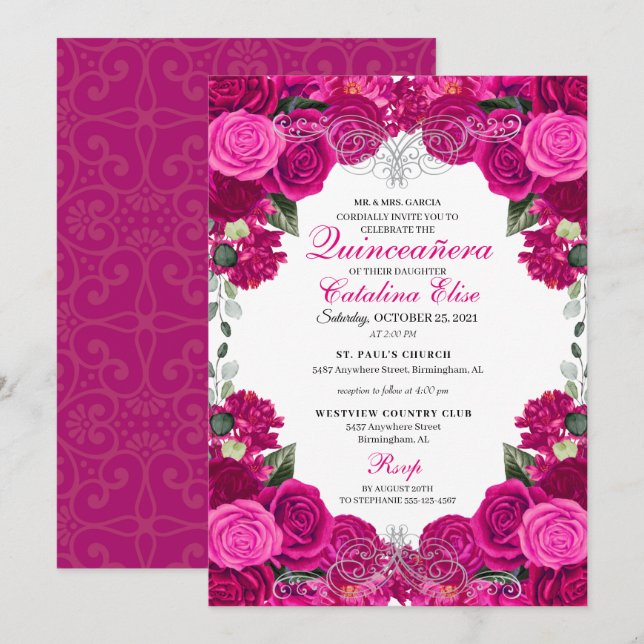 Invitación Quinceanera floral de fucsia y plata cumpleaños (Anverso / Reverso)