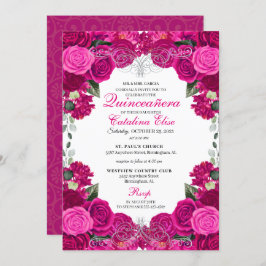Invitación Quinceanera floral de fucsia y plata cumpleaños