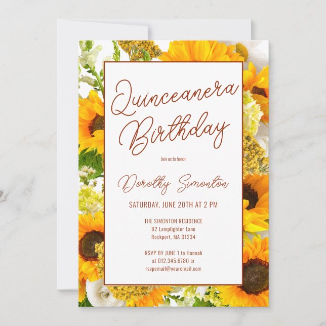 Invitación Quinceanera floral de girasol moderna (Anverso)