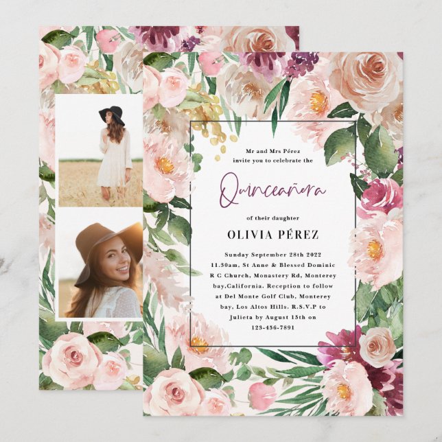 Invitación Quinceañera Floral de hembra rosa 4 foto cumpleaño (Anverso / Reverso)